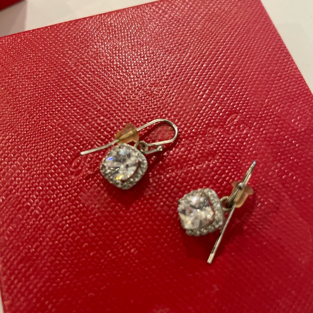 Elegant Silver Earrings with zirconia halo and one ct center stones.  2cttw.